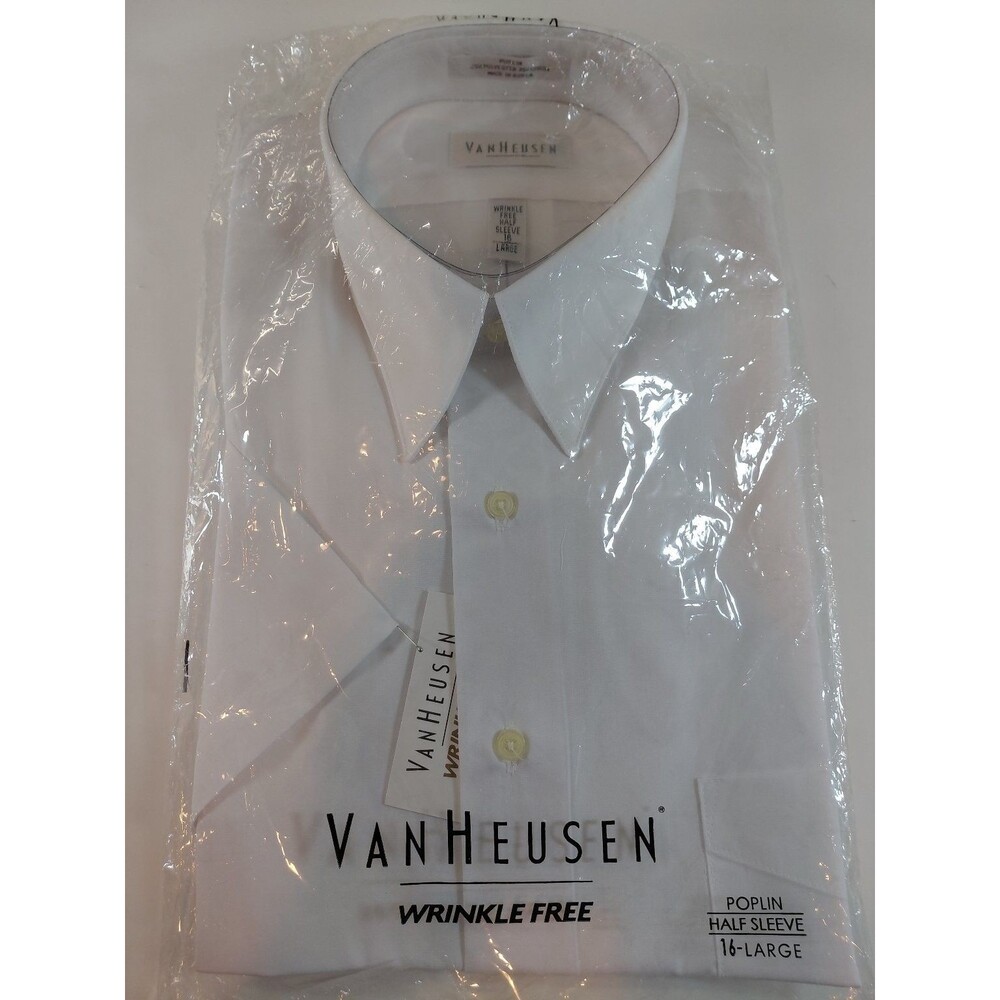Van Heusen Men's White Poplin Wrinkle Free Half Sleeve Dress Shirt Size 16 Large